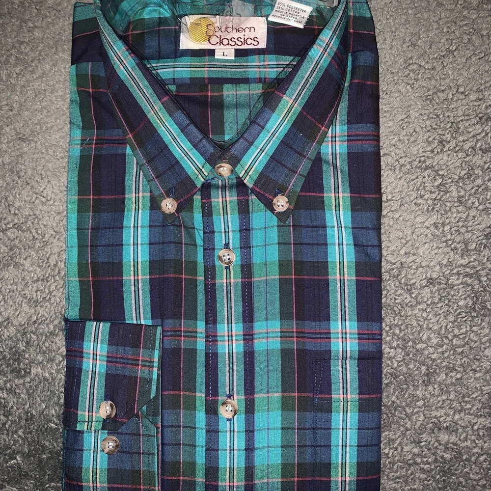 Vintage Blue and Green Casual Button Down Shirt Size L